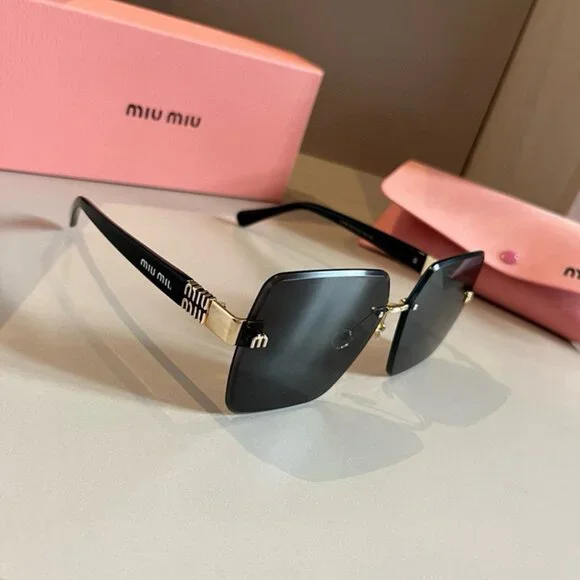 Miu Miu Black Square Sunglasses with Gold Detail display picture 1